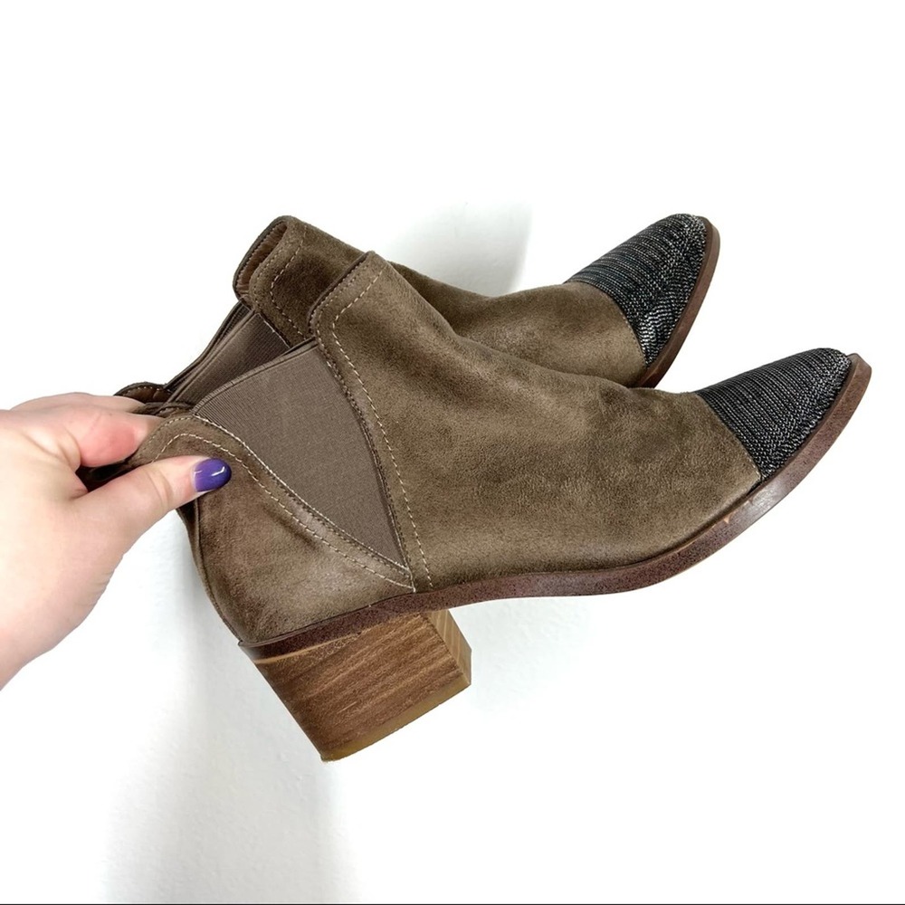 Chain Toe Ankle Booties Bohemian Edgy Faux Leather Suede Brown 8.5
